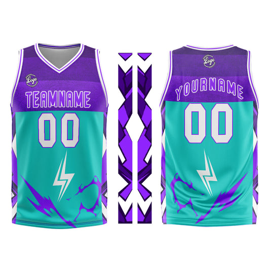Benutzerdefinierter Cyan Lila Basketball Jersey Uniform Anzug gedruckt Ihr Logo Name Nummer