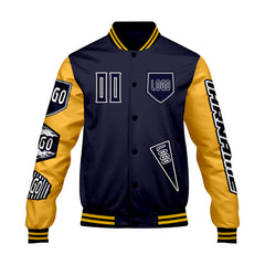 Maßgeschneiderte Marine Gelb Letterman Varsity Jacket Individuelle Stickerei  Druck nach Ihrem Wunsch