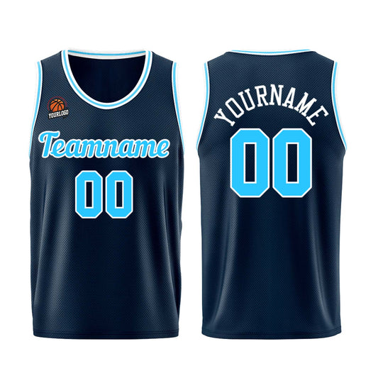 Individuelle Dunkelblau-Hellblau Basketball Jersey Shorts für Männer und Frauen Gestickter und gedruckter Name, Nummer und Logo