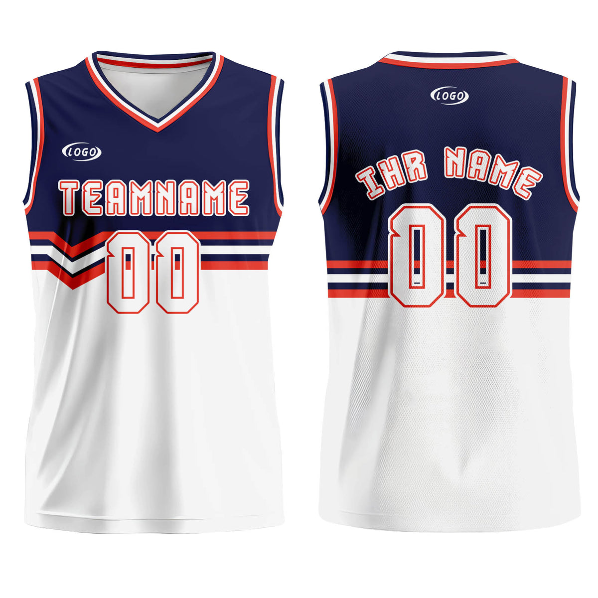 Benutzerdefinierter Blau Weiß Orange Basketball Jersey Uniform Anzug gedruckt Ihr Logo Name Nummer