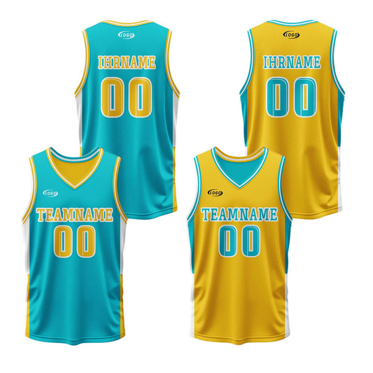 Benutzerdefinierte Cyan Gelb Reversible Basketball Jersey Personalisierte Drucken Name Nummer Logo