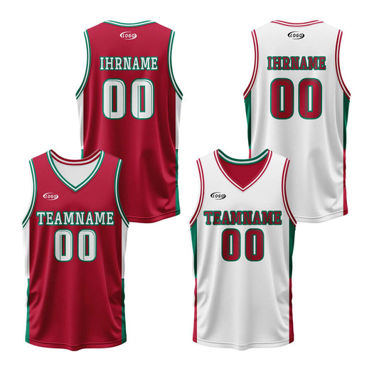 Benutzerdefinierte Rot Weiß Grün Reversible Basketball Jersey Personalisierte Drucken Name Nummer Logo