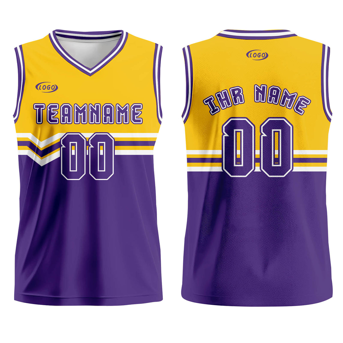 Benutzerdefinierter Gelb Lila Weiß Basketball Jersey Uniform Anzug gedruckt Ihr Logo Name Nummer