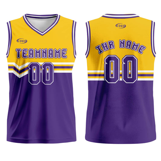 Benutzerdefinierter Gelb Lila Weiß Basketball Jersey Uniform Anzug gedruckt Ihr Logo Name Nummer