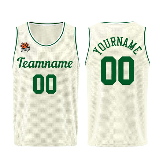 Individuelle Creme-Grün Basketball Jersey Shorts für Männer und Frauen Gestickter und gedruckter Name, Nummer und Logo