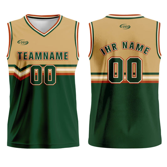 Benutzerdefinierter Hellbraun Grün Weiß Rot Basketball Jersey Uniform Anzug gedruckt Ihr Logo Name Nummer