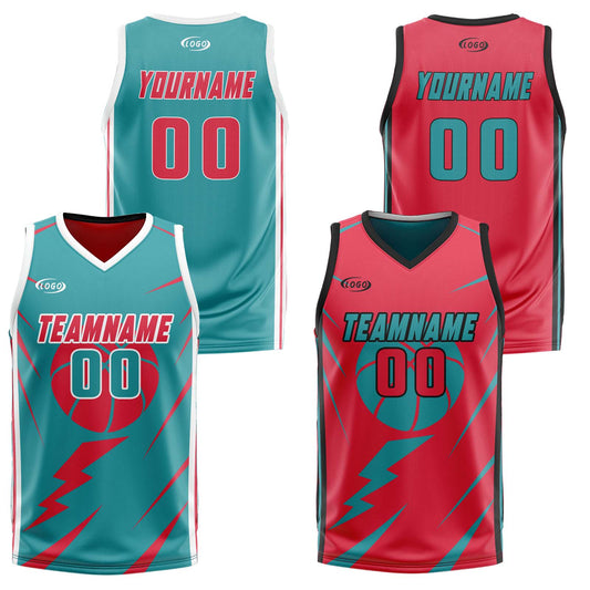 Benutzerdefinierte Cyan Rot Reversible Basketball Jersey Personalisierte Drucken Name Nummer Logo