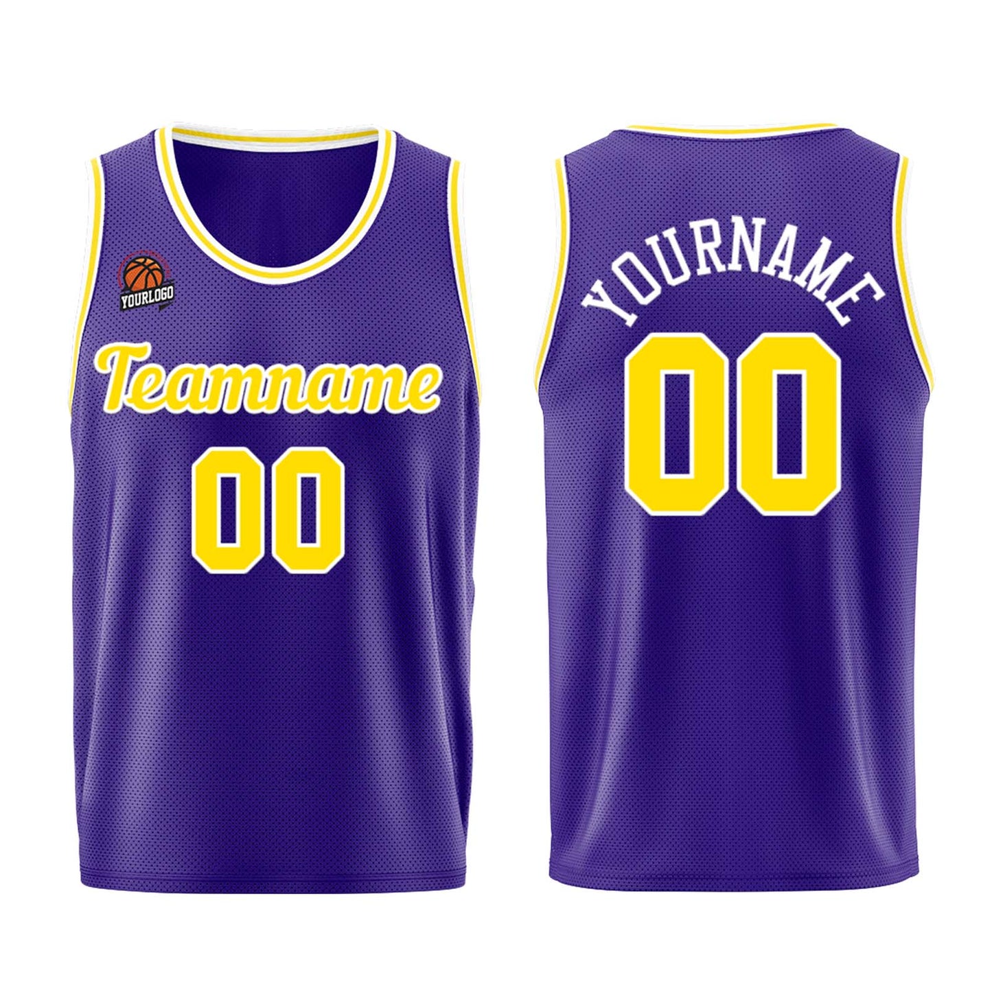 Individuelle Lila Gelb Basketball Jersey Shorts für Männer und Frauen Gestickter und gedruckter Name, Nummer und Logo