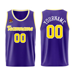 Individuelle Lila Gelb Basketball Jersey Shorts für Männer und Frauen Gestickter und gedruckter Name, Nummer und Logo