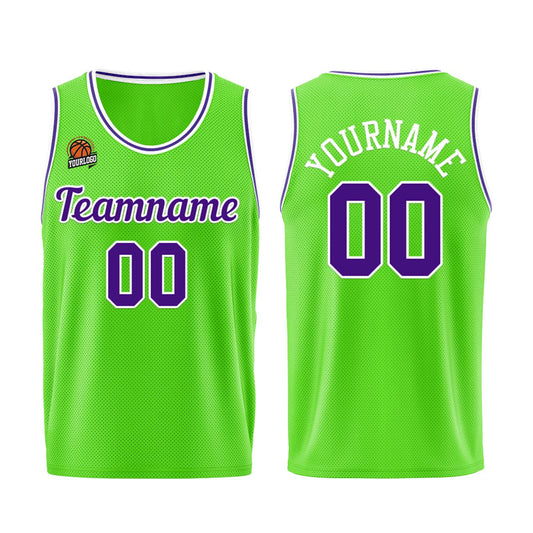 Individuelle Neongrün-Lila Basketball Jersey Shorts für Männer und Frauen Gestickter und gedruckter Name, Nummer und Logo