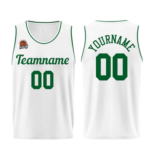 Individuelle Weiß-Grün Basketball Jersey Shorts für Männer und Frauen Gestickter und gedruckter Name, Nummer und Logo