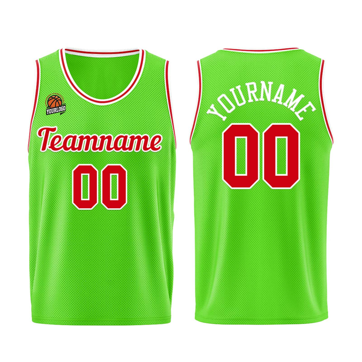Individuelle Neongrün-Rot Basketball Jersey Shorts für Männer und Frauen Gestickter und gedruckter Name, Nummer und Logo