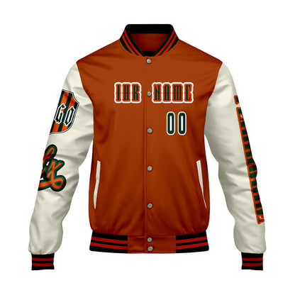 Maßgeschneiderte Orange Weiß Letterman Varsity Jacket Individuelle Stickerei  Druck nach Ihrem Wunsch