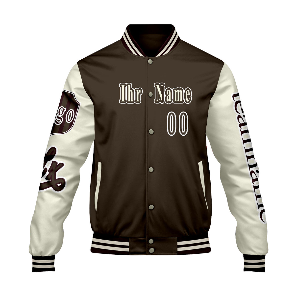 Maßgeschneiderte Braun Weiß Letterman Varsity Jacket Individuelle Stickerei  Druck nach Ihrem Wunsch