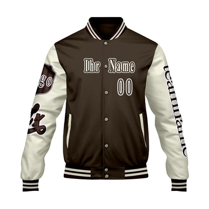 Maßgeschneiderte Braun Weiß Letterman Varsity Jacket Individuelle Stickerei  Druck nach Ihrem Wunsch