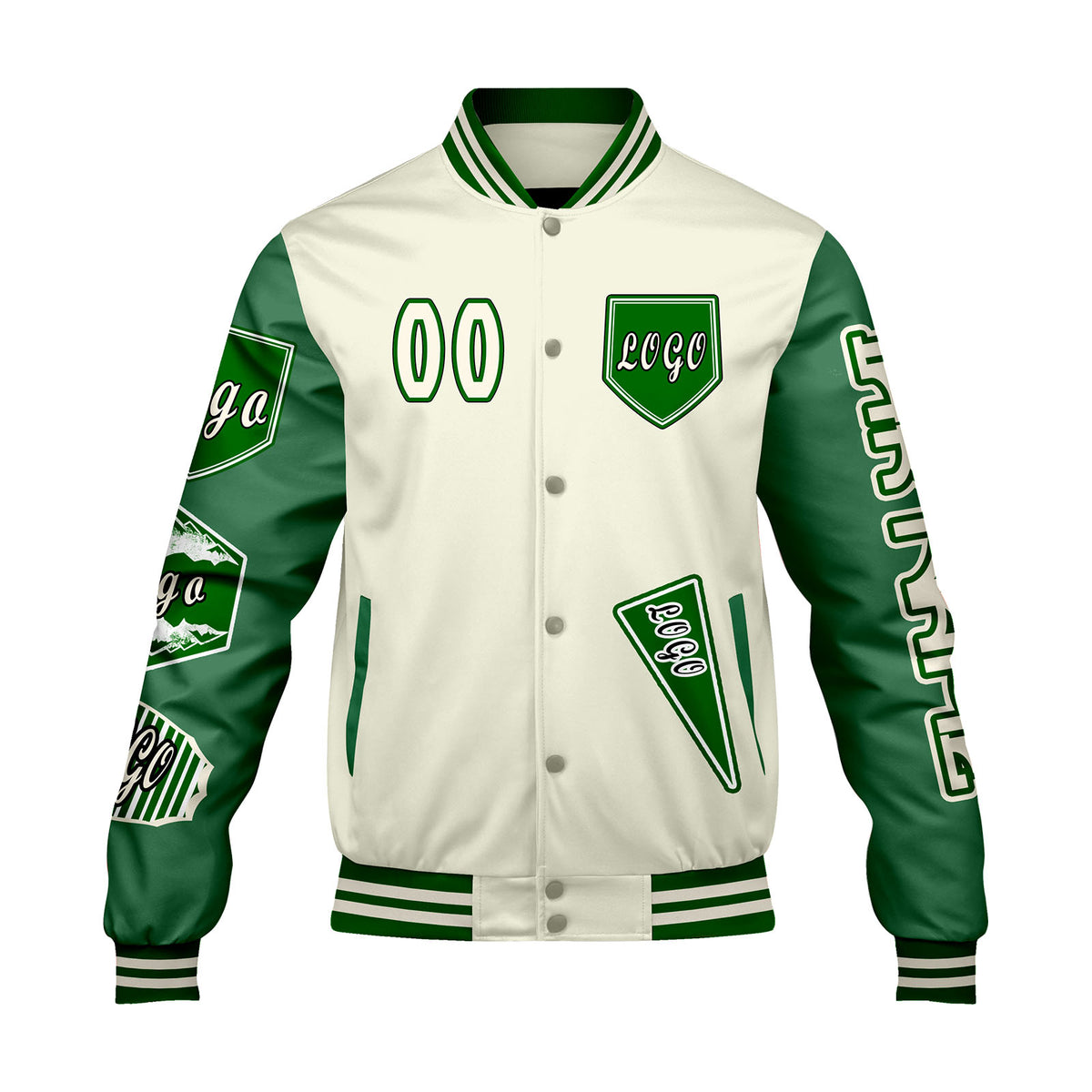 Maßgeschneiderte Weiß Grün Letterman Varsity Jacket Individuelle Stickerei  Druck nach Ihrem Wunsch