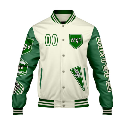 Maßgeschneiderte Weiß Grün Letterman Varsity Jacket Individuelle Stickerei  Druck nach Ihrem Wunsch
