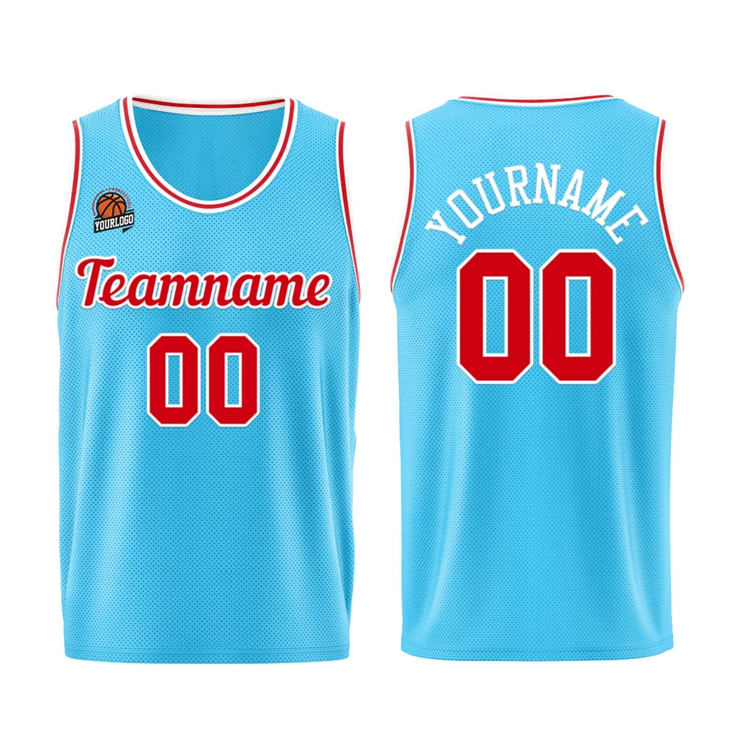 Individuelle Hellblau Rot Basketball Jersey Shorts für Männer und Frauen Gestickter und gedruckter Name, Nummer und Logo