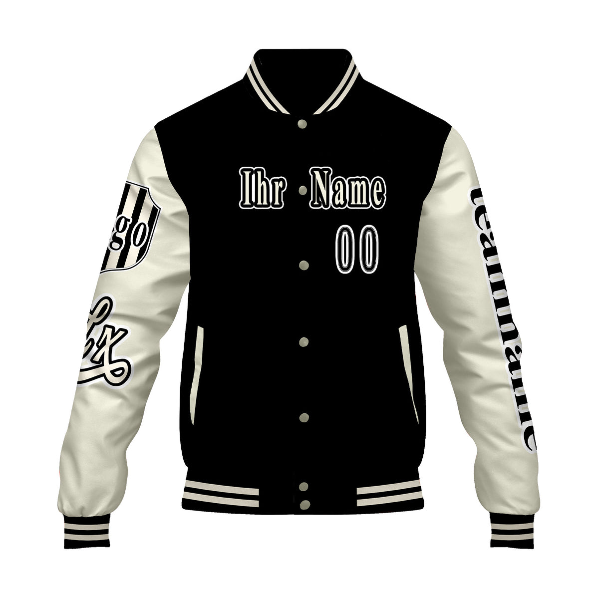 Maßgeschneiderte Schwarz Weiß Letterman Varsity Jacket Individuelle Stickerei  Druck nach Ihrem Wunsch