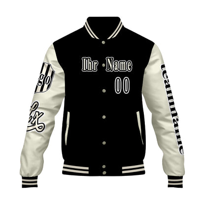 Maßgeschneiderte Schwarz Weiß Letterman Varsity Jacket Individuelle Stickerei  Druck nach Ihrem Wunsch