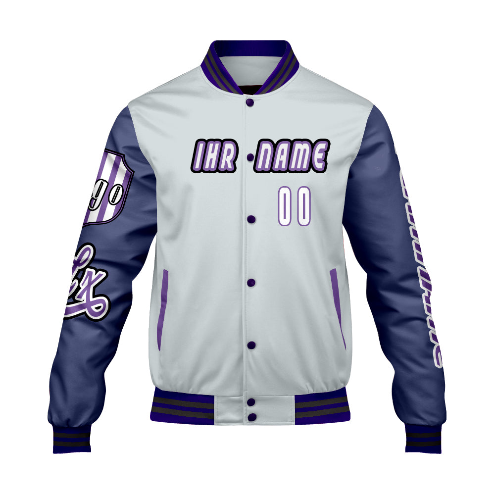 Maßgeschneiderte Grau Lila Letterman Varsity Jacket Individuelle Stickerei  Druck nach Ihrem Wunsch