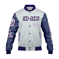 Maßgeschneiderte Grau Lila Letterman Varsity Jacket Individuelle Stickerei  Druck nach Ihrem Wunsch