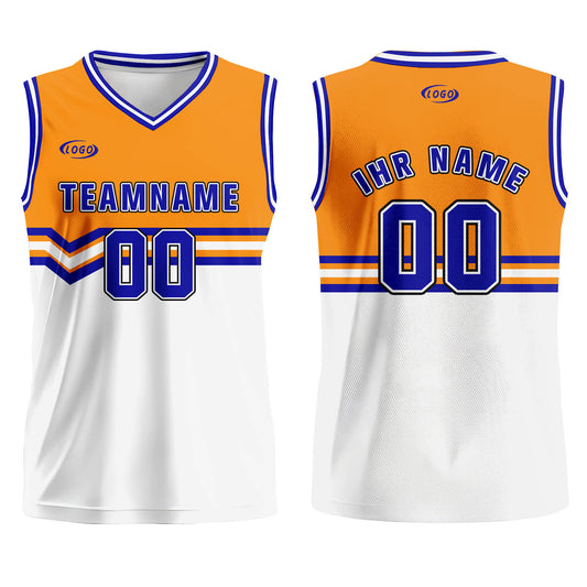 Benutzerdefinierter Orange Weiß Blau Basketball Jersey Uniform Anzug gedruckt Ihr Logo Name Nummer