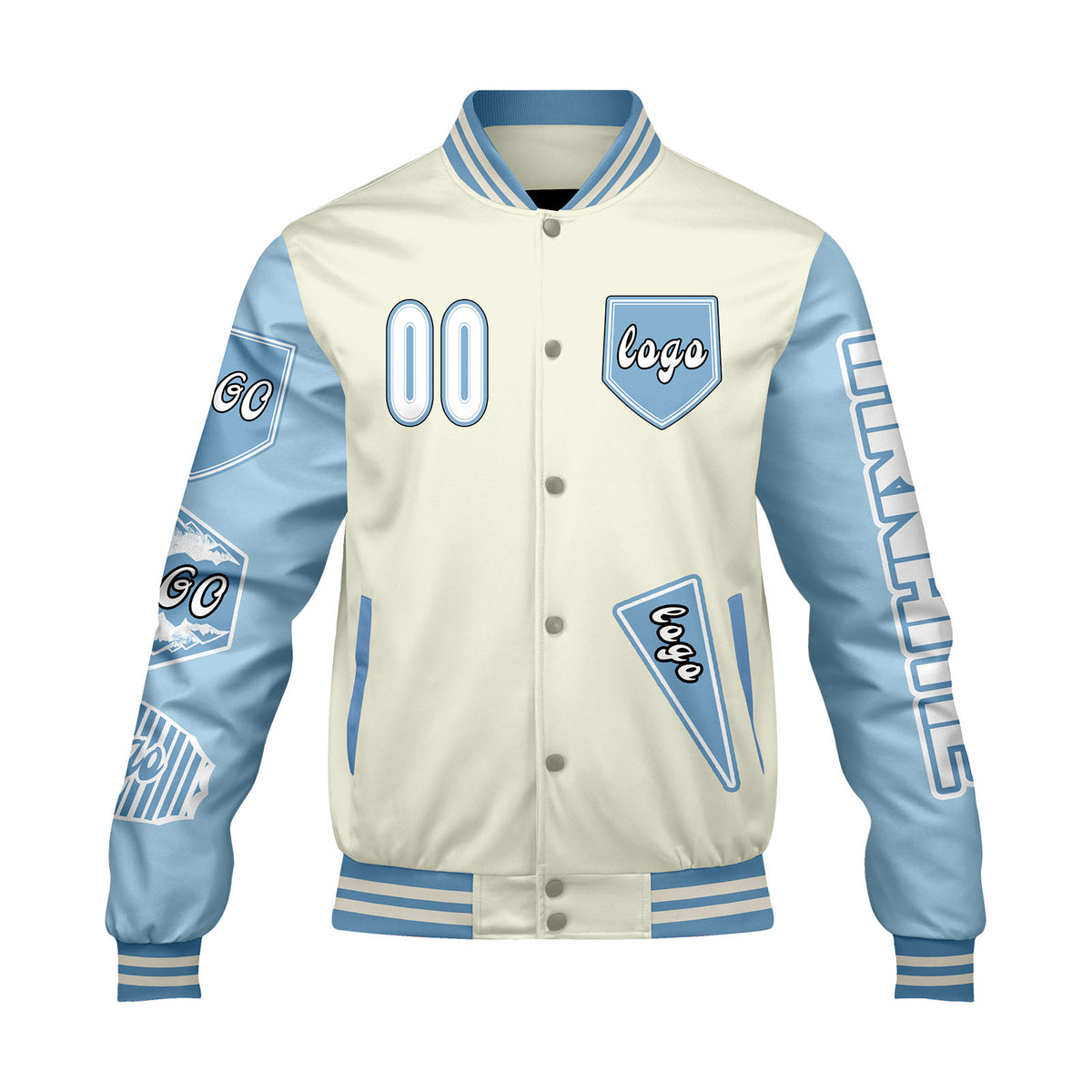 Maßgeschneiderte Weiß Blau Letterman Varsity Jacket Individuelle Stickerei  Druck nach Ihrem Wunsch