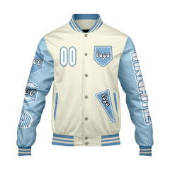 Maßgeschneiderte Weiß Blau Letterman Varsity Jacket Individuelle Stickerei  Druck nach Ihrem Wunsch