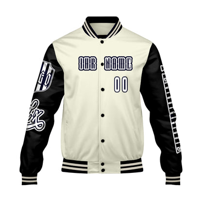 Maßgeschneiderte Weiß Schwarz Letterman Varsity Jacket Individuelle Stickerei  Druck nach Ihrem Wunsch