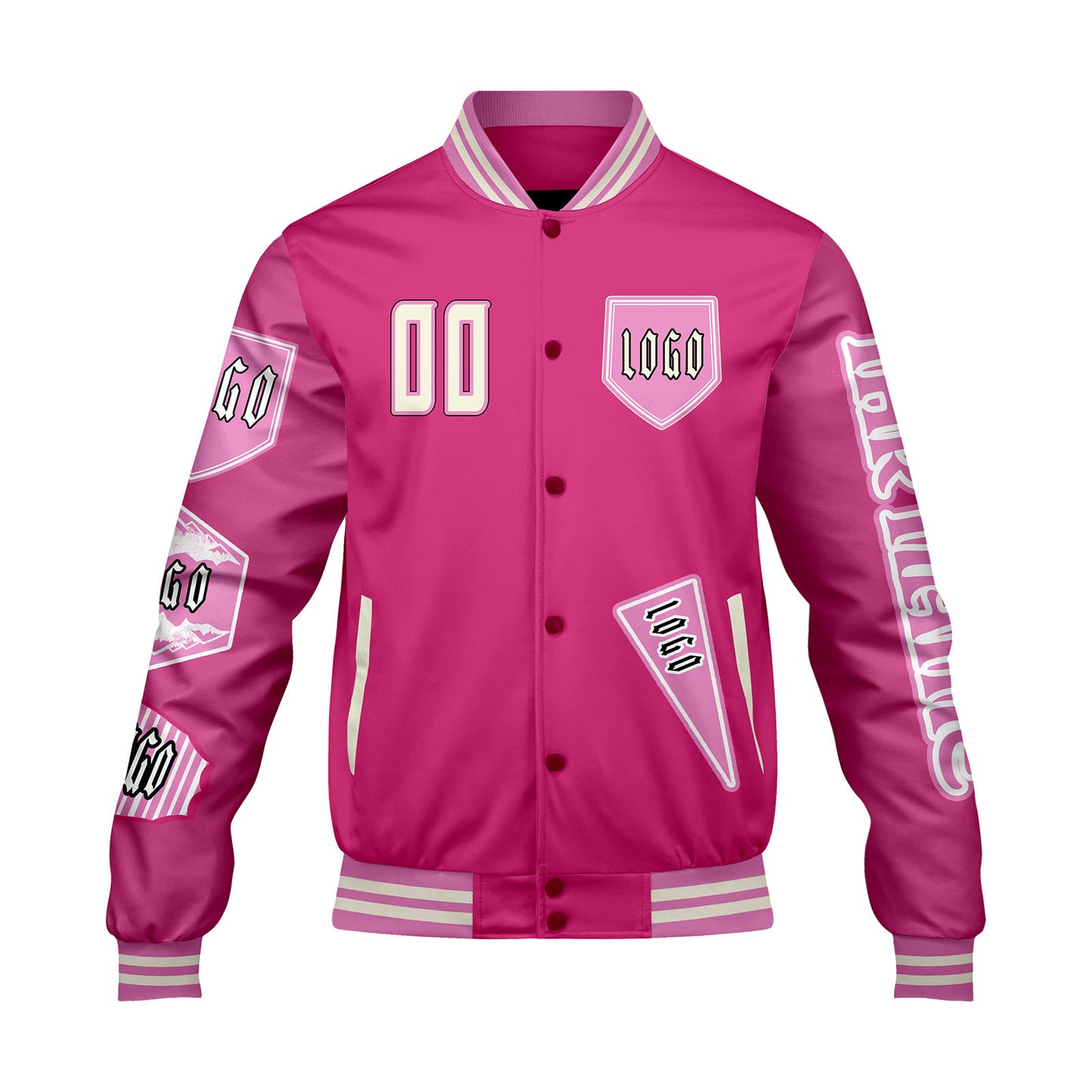 Maßgeschneiderte Rosa Letterman Varsity Jacket Individuelle Stickerei  Druck nach Ihrem Wunsch