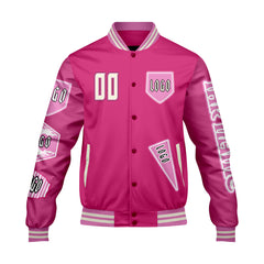 Maßgeschneiderte Rosa Letterman Varsity Jacket Individuelle Stickerei  Druck nach Ihrem Wunsch