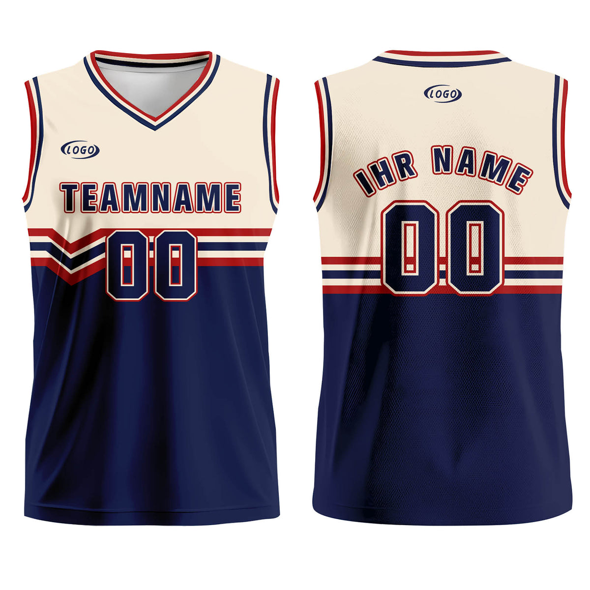Benutzerdefinierter Creme Blau Rot Basketball Jersey Uniform Anzug gedruckt Ihr Logo Name Nummer