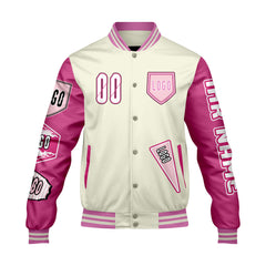 Maßgeschneiderte Weiß Rosa Letterman Varsity Jacket Individuelle Stickerei  Druck nach Ihrem Wunsch