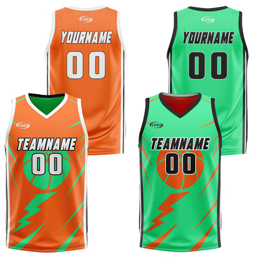 Benutzerdefinierte Orange Grün Reversible Basketball Jersey Personalisierte Drucken Name Nummer Logo