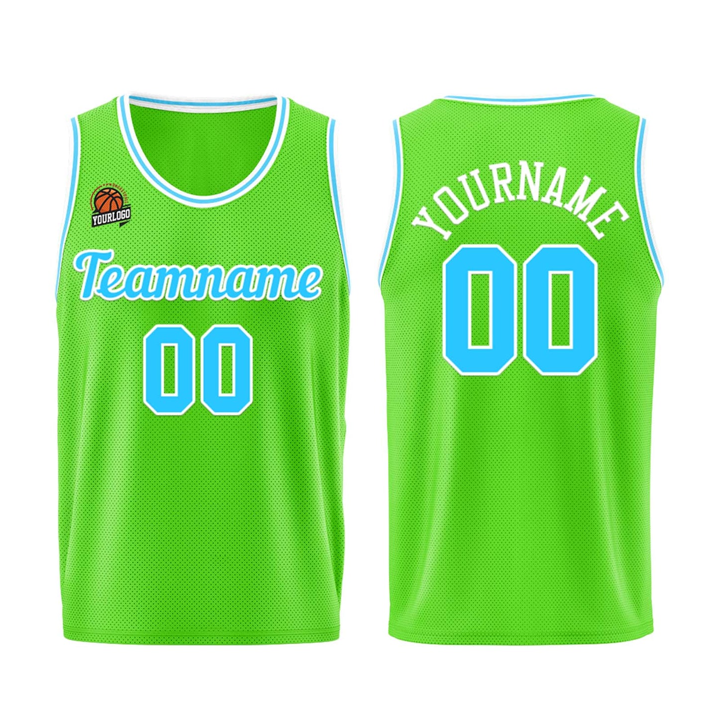 Individuelle Neongrün-Hellblau Basketball Jersey Shorts für Männer und Frauen Gestickter und gedruckter Name, Nummer und Logo