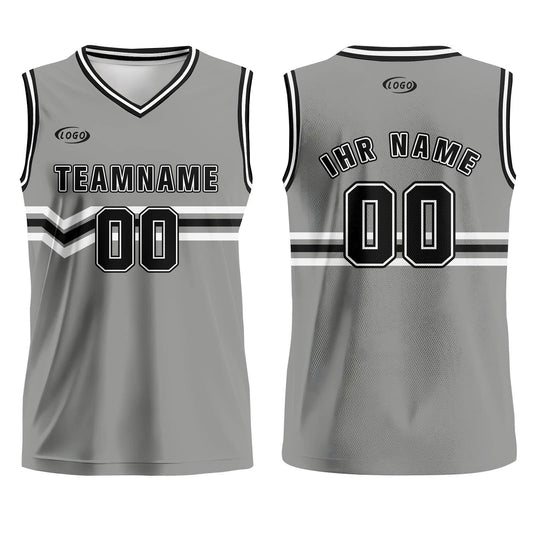 Benutzerdefinierter Grau Schwarz Weiß Basketball Jersey Uniform Anzug gedruckt Ihr Logo Name Nummer