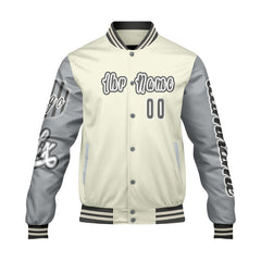 Maßgeschneiderte Weiß Grau Letterman Varsity Jacket Individuelle Stickerei  Druck nach Ihrem Wunsch