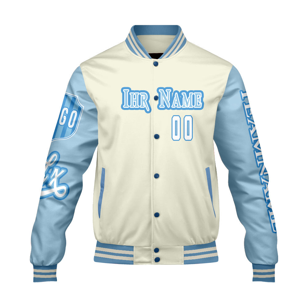 Maßgeschneiderte Weiß Blau Letterman Varsity Jacket Individuelle Stickerei  Druck nach Ihrem Wunsch