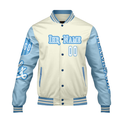 Maßgeschneiderte Weiß Blau Letterman Varsity Jacket Individuelle Stickerei  Druck nach Ihrem Wunsch