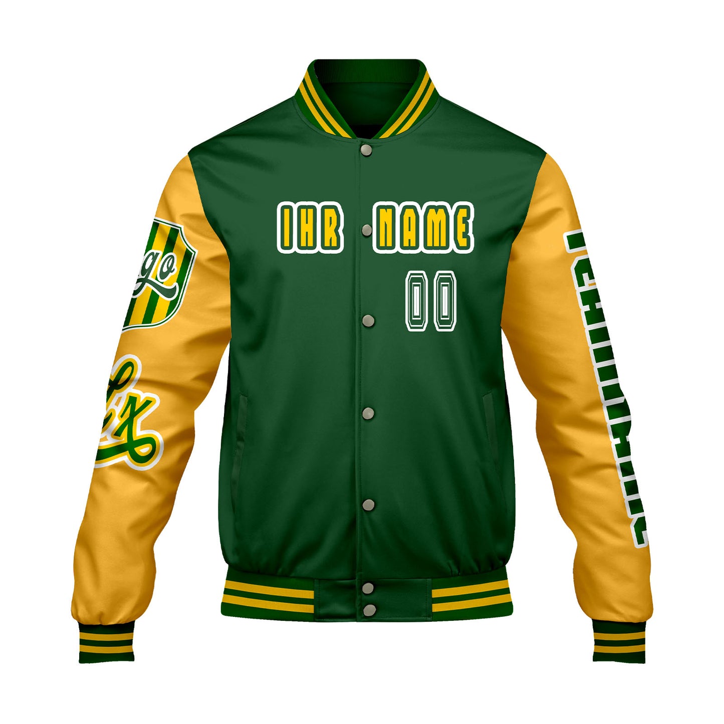 Maßgeschneiderte Grün Gelb Letterman Varsity Jacket Individuelle Stickerei  Druck nach Ihrem Wunsch