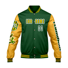 Maßgeschneiderte Grün Gelb Letterman Varsity Jacket Individuelle Stickerei  Druck nach Ihrem Wunsch