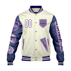 Maßgeschneiderte Weiß Lila Letterman Varsity Jacket Individuelle Stickerei  Druck nach Ihrem Wunsch
