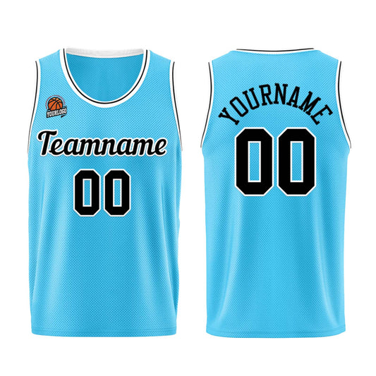 Individuelle Hellblau Schwarz Basketball Jersey Shorts für Männer und Frauen Gestickter und gedruckter Name, Nummer und Logo