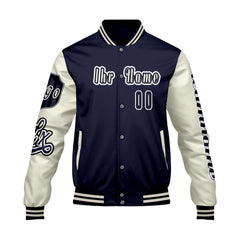 Maßgeschneiderte Marine Weiß Letterman Varsity Jacket Individuelle Stickerei  Druck nach Ihrem Wunsch