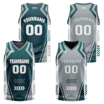 Benutzerdefinierte Langweilig Grün Grau Reversible Basketball Jersey Personalisierte Drucken Name Nummer Logo