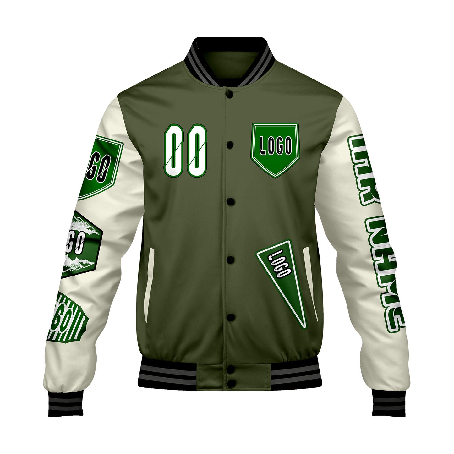 Maßgeschneiderte Olivengrün Weiß Letterman Varsity Jacket Individuelle Stickerei  Druck nach Ihrem Wunsch