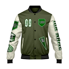 Maßgeschneiderte Olivengrün Weiß Letterman Varsity Jacket Individuelle Stickerei  Druck nach Ihrem Wunsch