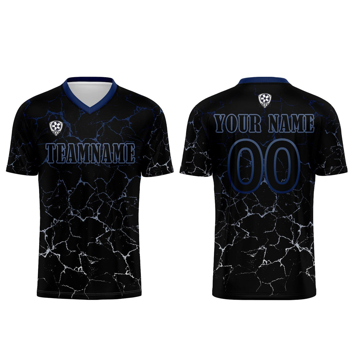 Benutzerdefinierte Schwarz Tiefblau Trikots für Männer Frauen Personalisierte Fußball Uniformen für Erwachsene und Kind