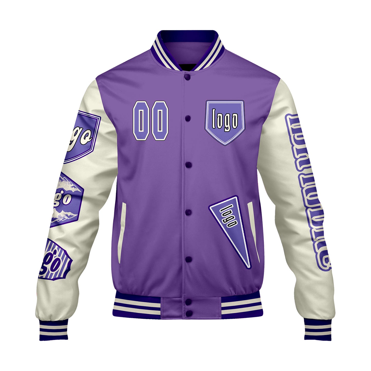 Maßgeschneiderte Lila Weiß Letterman Varsity Jacket Individuelle Stickerei  Druck nach Ihrem Wunsch